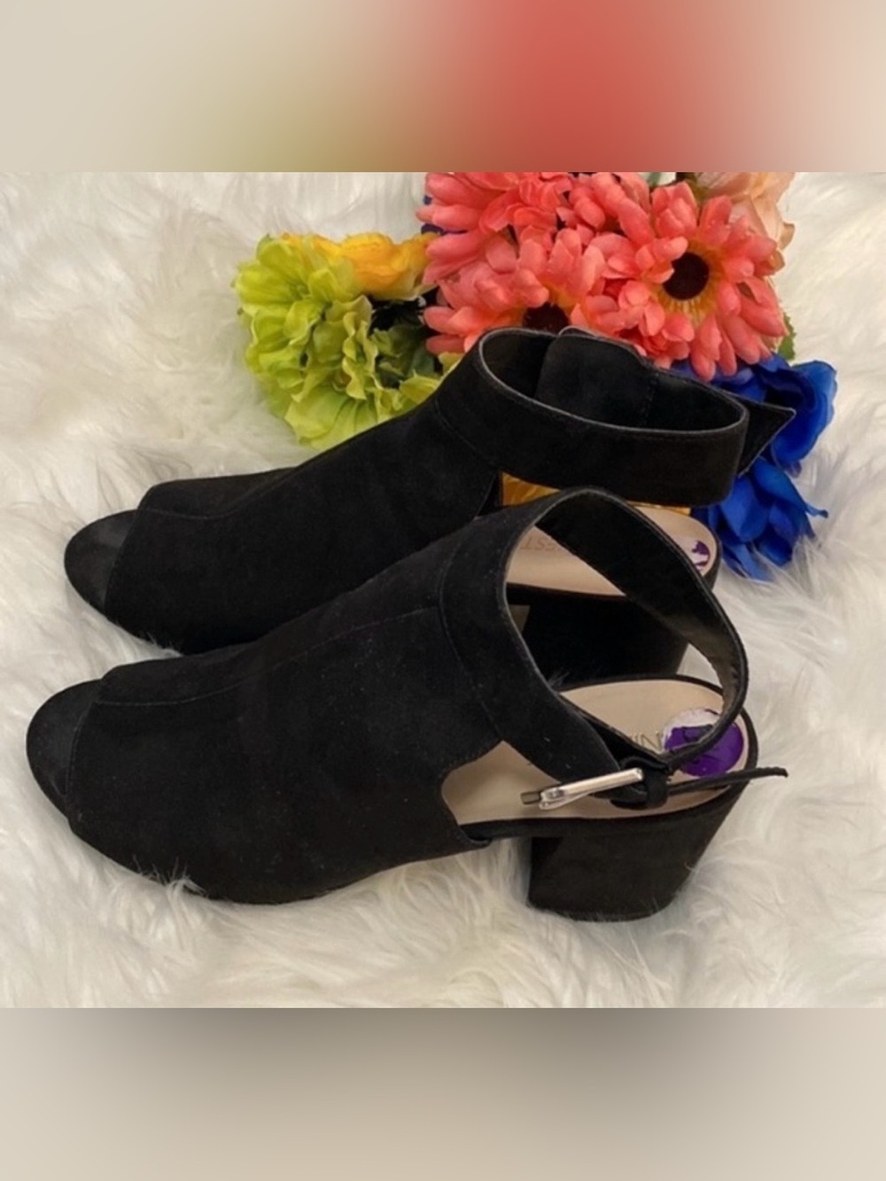 Black Peep Toe Buckle Strap Block Heel Sandals By Nine West Sz 8.5